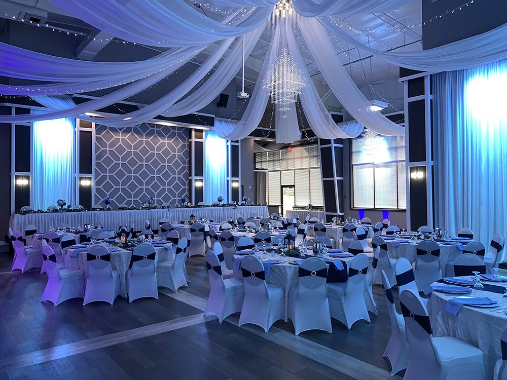 Serenity Hall decorated with blue lights