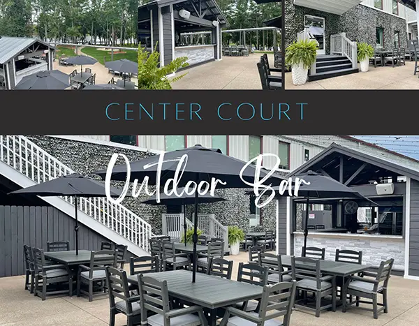 A collage of photos with text that reads " center court outdoor bar ".