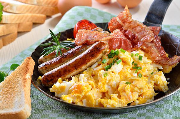 A plate of breakfast food with sausage, eggs and bacon.