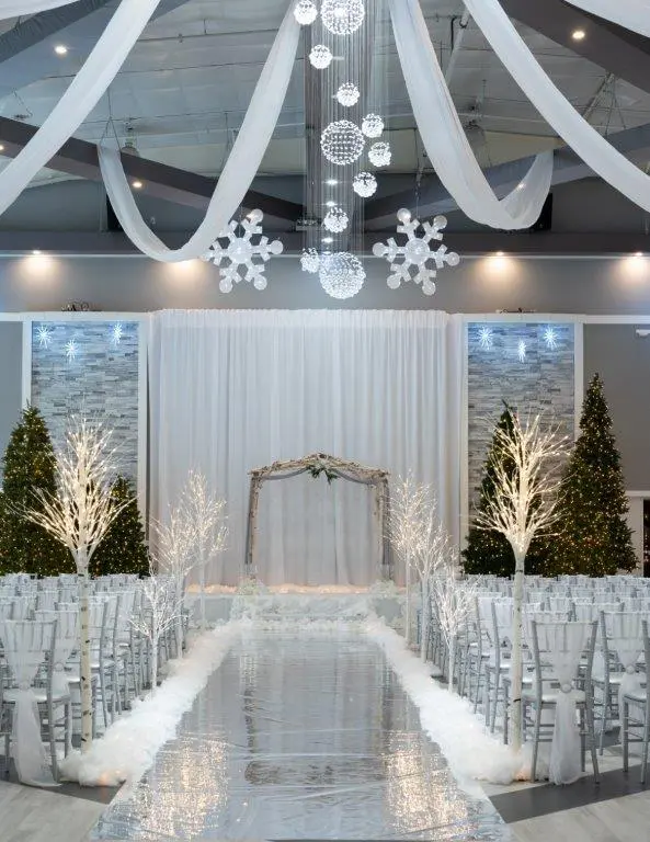 A white room with trees and lights on the ceiling