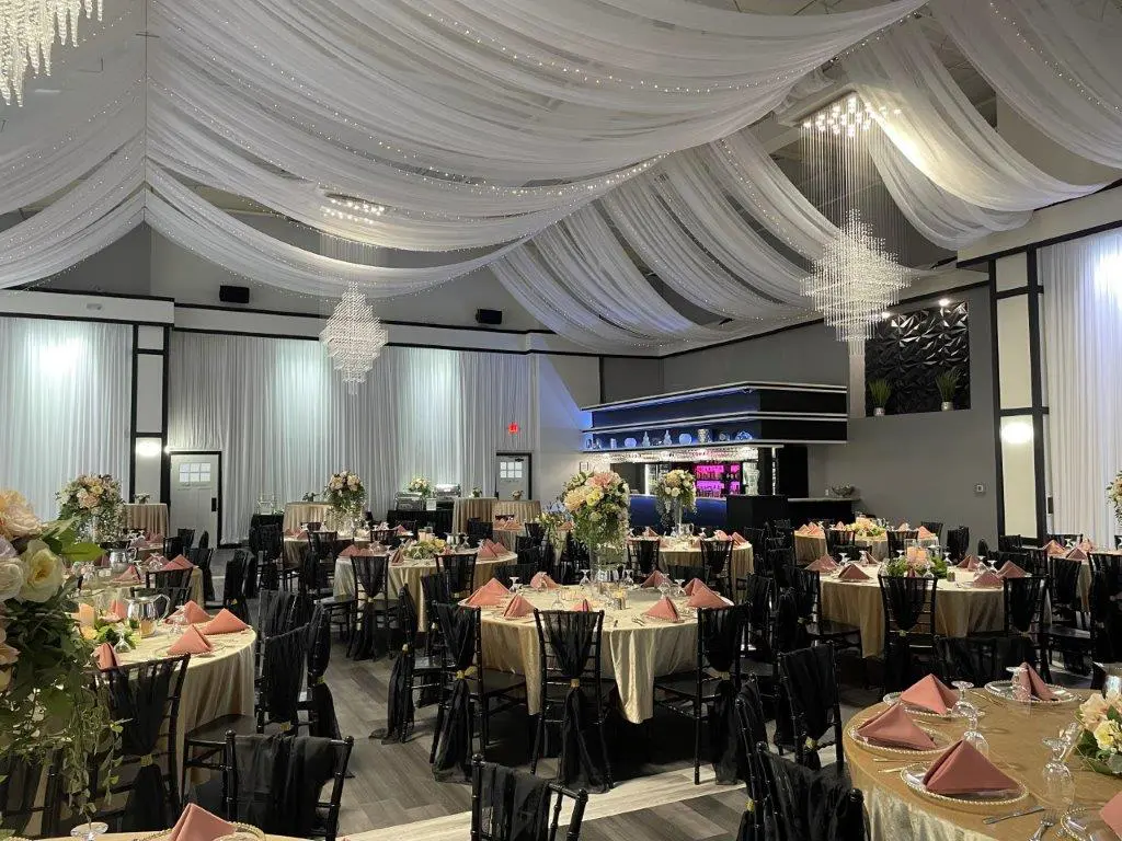 A banquet hall with tables and chairs set up for an event.