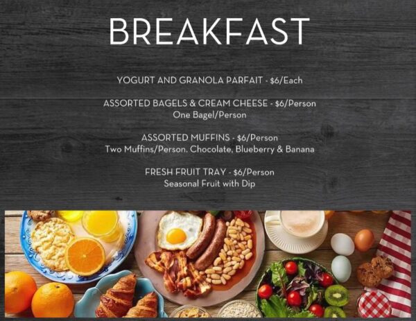 A breakfast menu with various types of food.