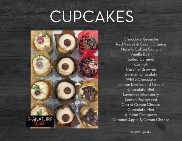 A menu of cupcakes with various flavors.