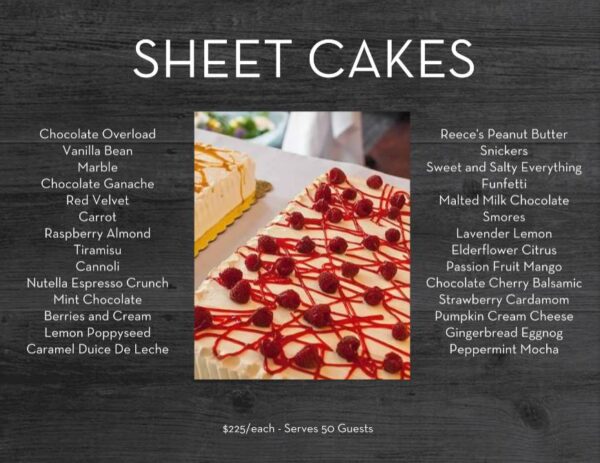 A sheet cake with red cherries on top of it.