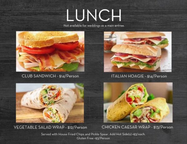 A menu of four different sandwiches on wooden table.