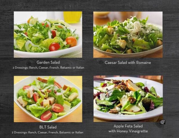 A variety of salads are shown on the menu.