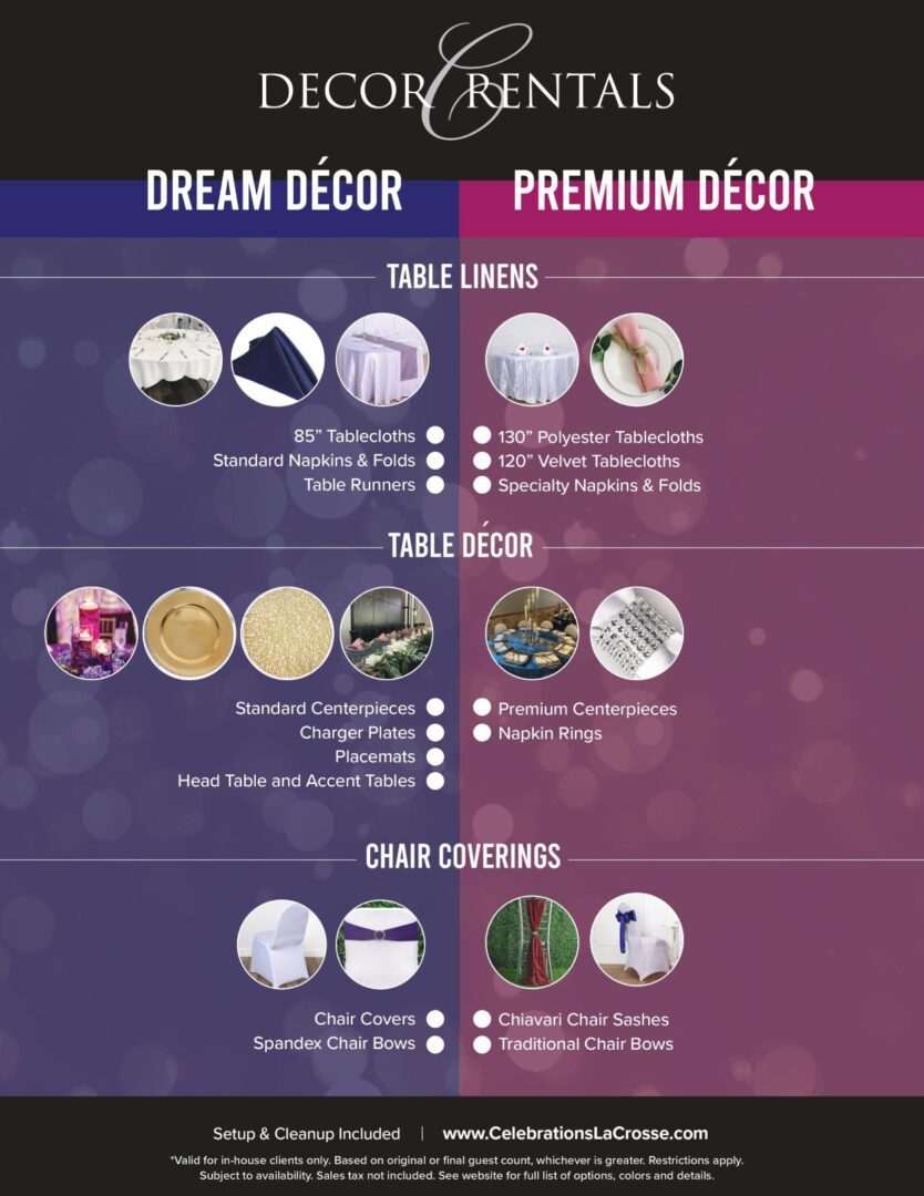 A table linen and chair cover comparison chart