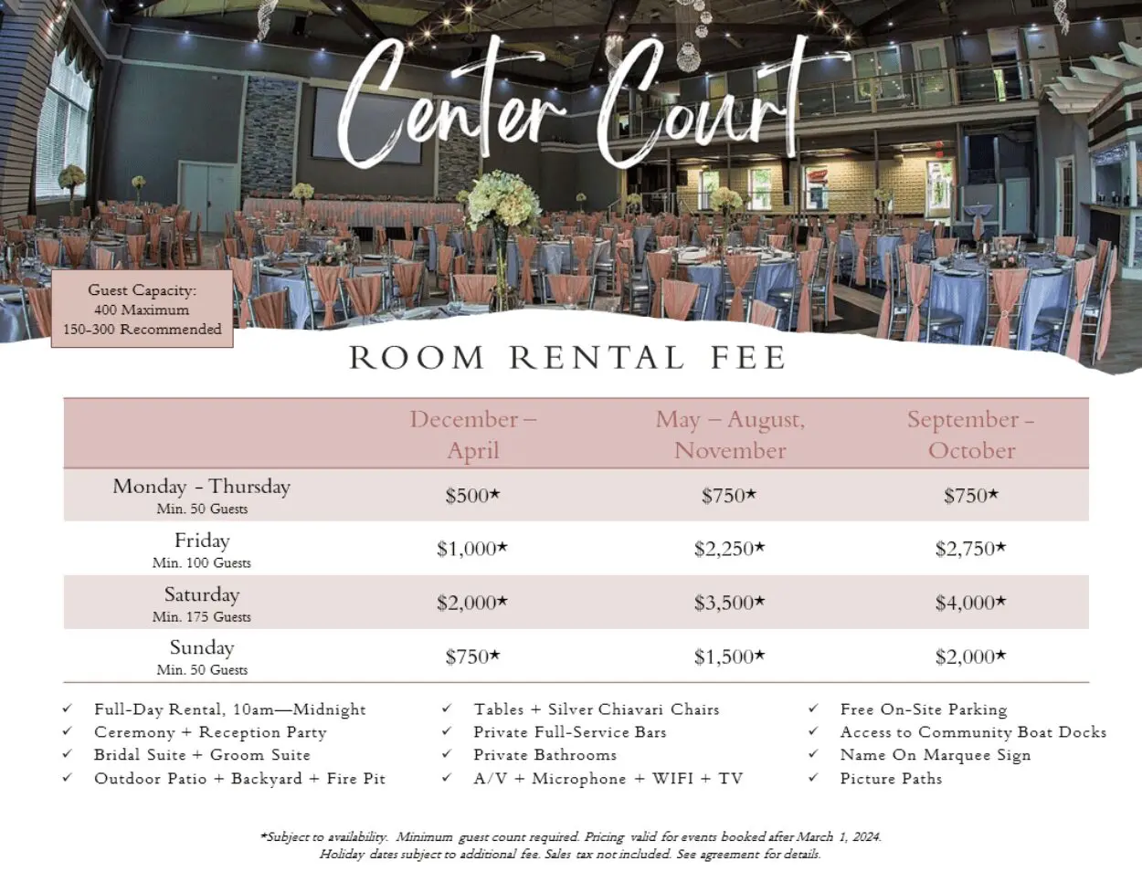 A room rental fee for the center court.