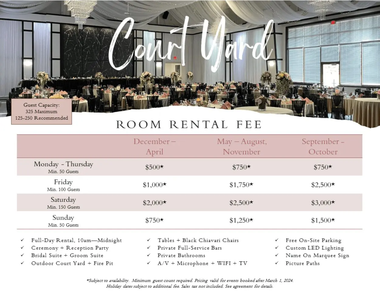 A table with a price list for the room rental fee.
