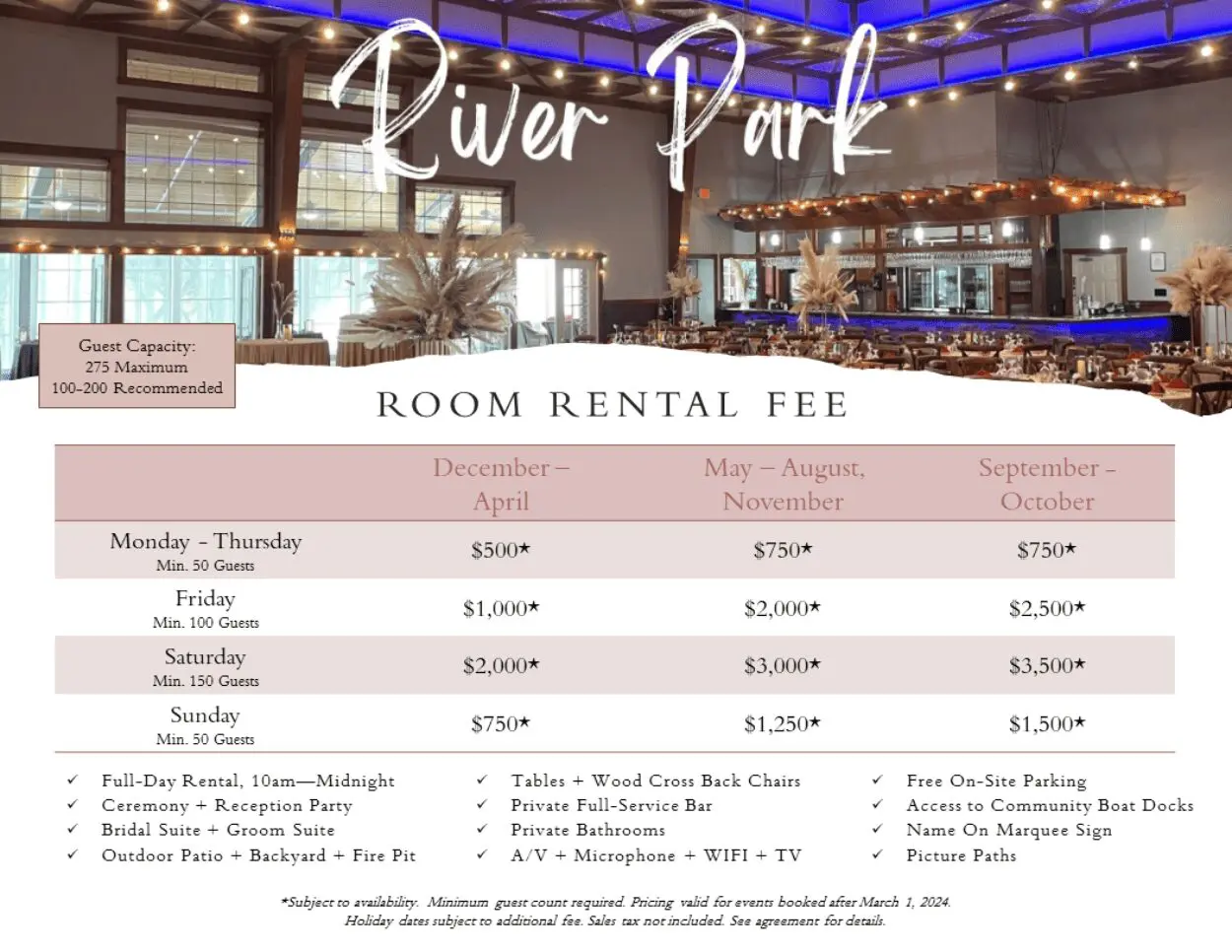 A room rental fee for river park