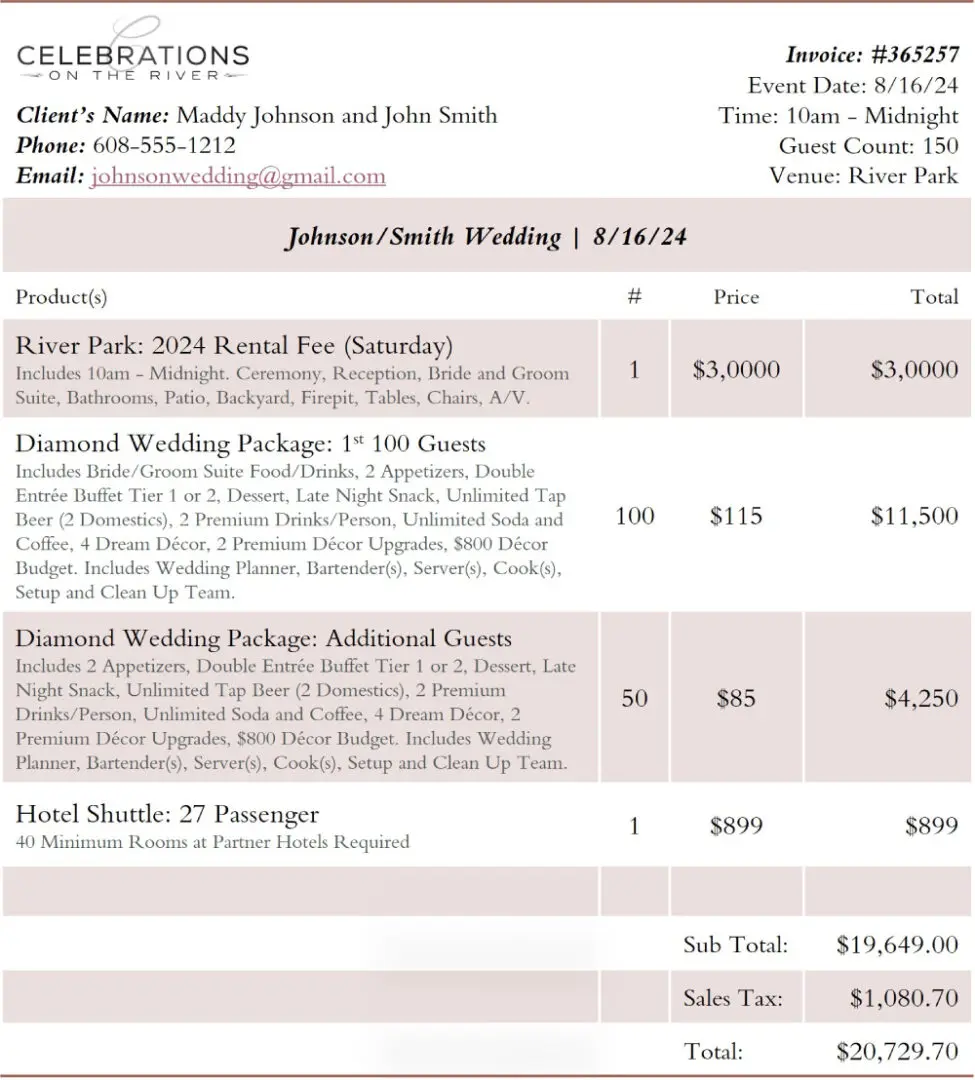 A wedding planner 's price list for the day.