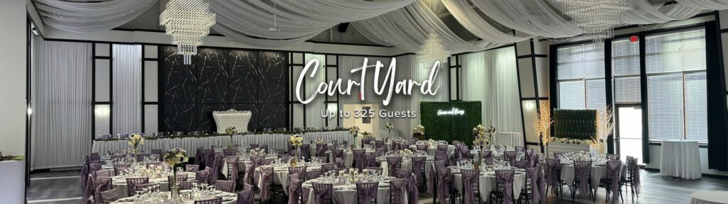 A large room with purple chairs and tables