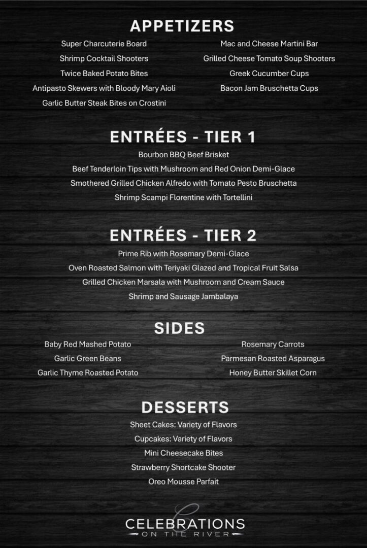 Food Taste Test Event Menu for January 2025 at Celebrations on the River