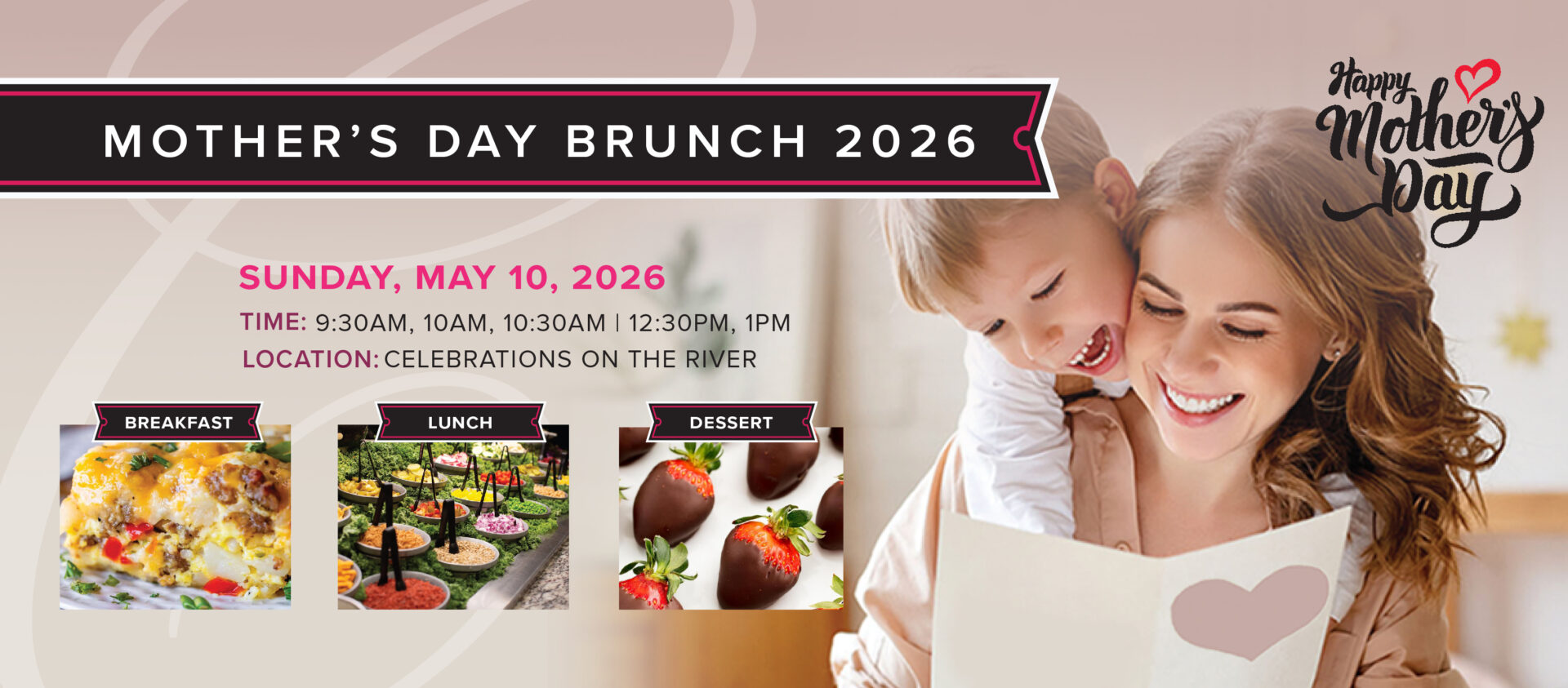 Mother's Day 2026, Mother's Day Brunch May 10, 2026 at Celebrations on the River in La Crosse, WI. Mother's Day at Celebrations.